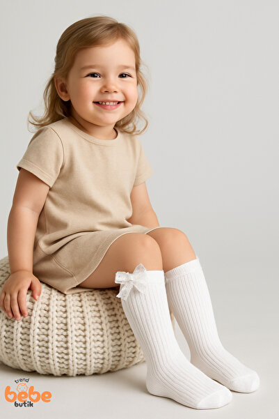 Trend Bebe Butik Детски чорапи до коляното с ребра, панделка и дантелена панд...