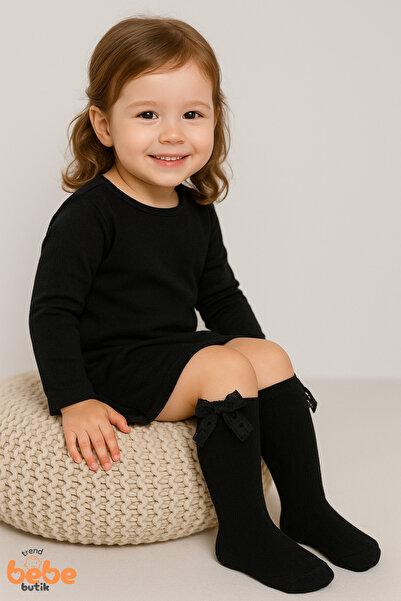 Trend Bebe Butik Детски чорапи до коляното с ребра, панделка и дантелена панд...