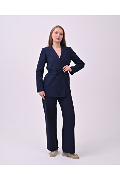 polle Jachetă blazer cu cravată în talie bleumarin pentru femei