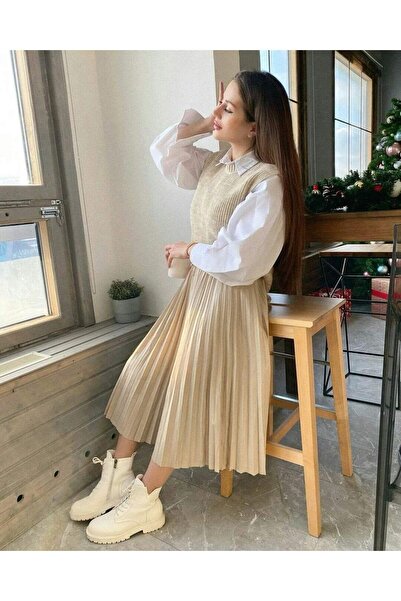 thesunfyre Γυναικεία Μπεζ ελαστική μέση ίσια πλισέ φούστα μίντι μήκους