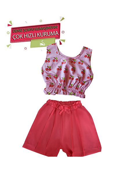 Tides Girls Swimsuit Set - Quick Dry Shorts & Top Design Cherry Print