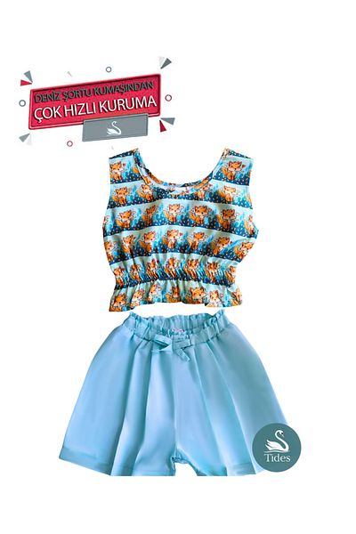 Tides Girls Swimsuit Set - Quick Dry Top & Shorts Design Fox Pattern