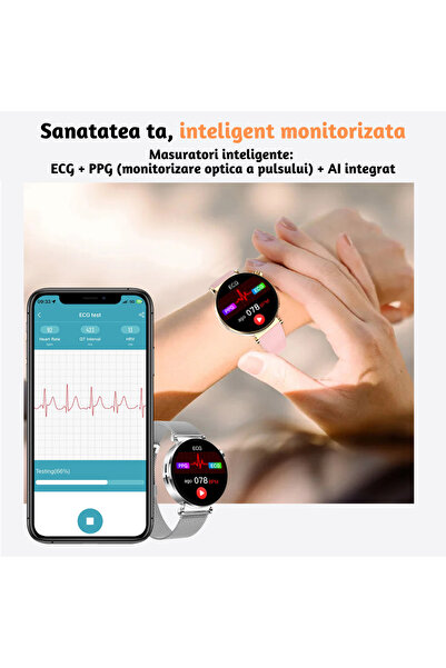 Lommad Smartwatch Femei Lommad® ECG, Glicemie, Tensiune, Apel Bluetooth, IP68, Elegant, Auriu