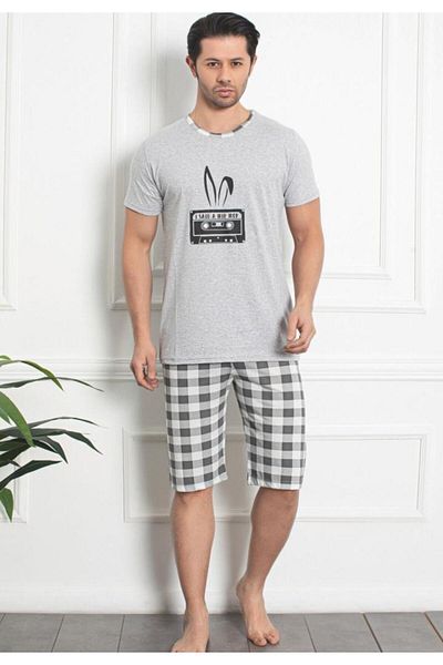 TOSKI Men's Cotton Pajamas - Short Sleeve and Three Quarter Pants, Hip Hop, Gray