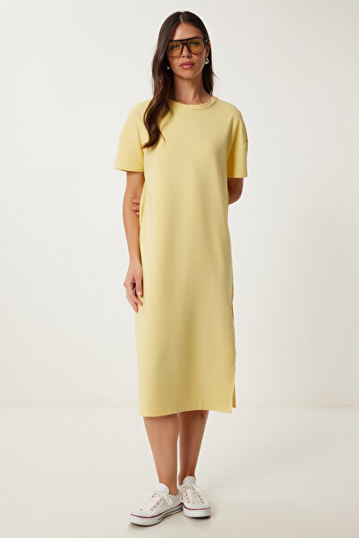 Lovelyİstanbul Βαμβακερό Καλοκαιρινό Casual Χτενισμένο Βαμβακερό Φόρεμα ΚΙΤΡΙ...