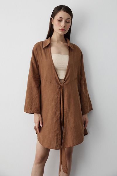 Laluvia Coffee Flam Leinen-Kimono-Shirt