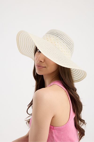 Moda Days Ecru Fabric Striped Straw Beach Hat with Bow Detail