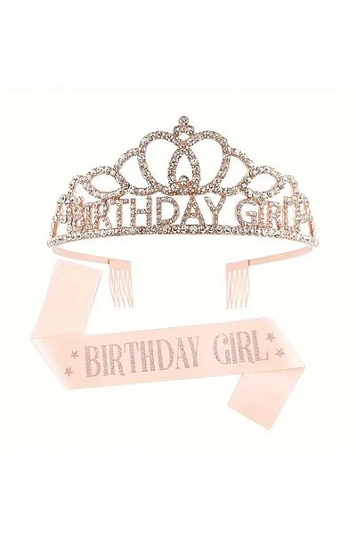 Store Stoned Birthday Crown and Satin Sash with Happy Birthday Written