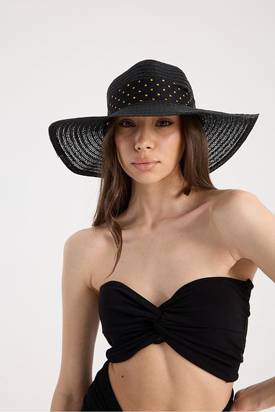 Moda Days Black Fabric Ribbon Bow Detailed Straw Beach Hat