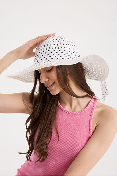 Moda Days White Polka Dot Fabric Striped Straw Beach Hat with Bow Detail
