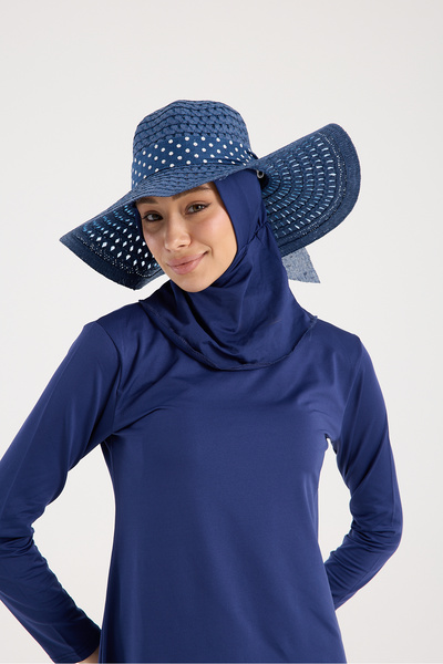 Moda Days Pălărie de plajă din paie, cu dungi din țesătură cu buline, albastr...