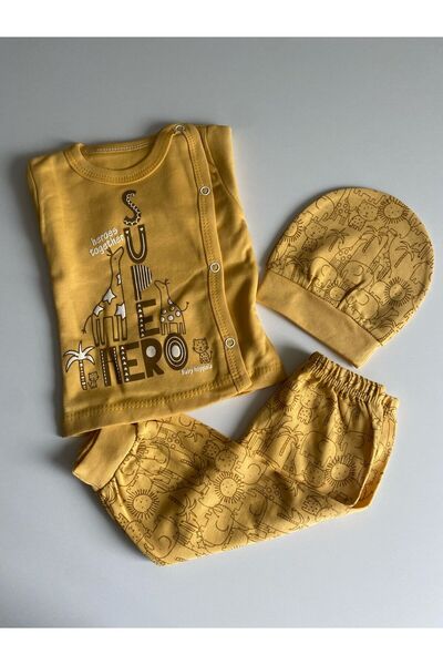 Hoppala Aslanlı Manşetli Süper Hero Baskılı Yeni Doğan Bebek 3lü Zıbın Takımı