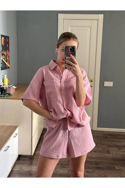 bella bonita 100% Cotton Muslin Oversize Bottom Top Set Women's Summer Beach Pajama Set Shirt Shorts Muslin Set