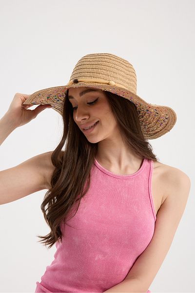 Moda Days Camel Fabric Striped Straw Beach Hat with Bow and Color Detail