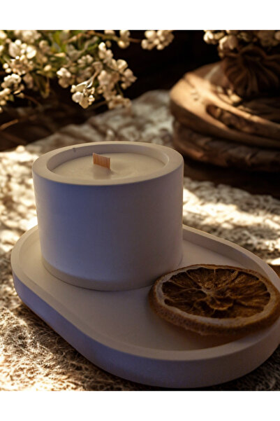 DRN Beyaz Renk Sunum Tabaklı, Ahşap Fitilli, Limon Kokulu Mum Seti