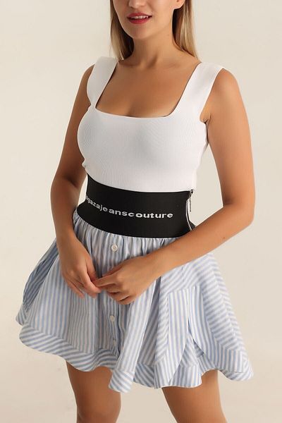 Aslında Look Front Back Square Neck Corded Lycra Short Sleeve Knitwear Bady Blouse
