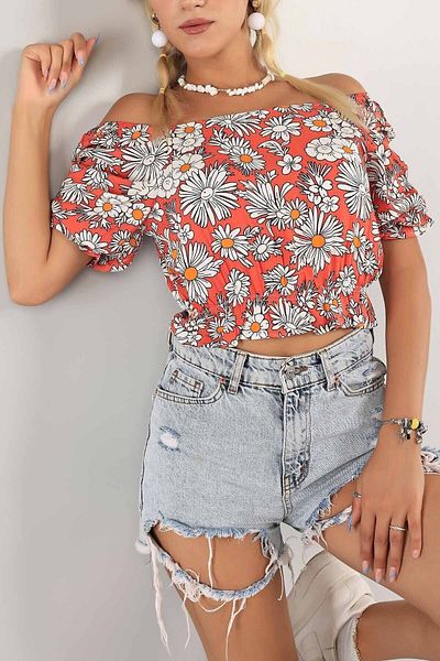 Aslında Look Μπλούζα Madonna γιακά με φλοράλ στάμπα Guipeli Elastic Soft Woven Μπλούζα
