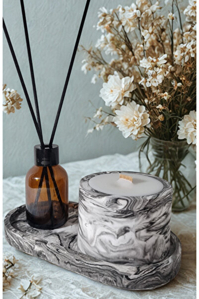 DRN Siyah Beyaz Geçişli, Dekoratif Tabakta, Lavanta Kokulu ,Ahşap Fitilli Mum...