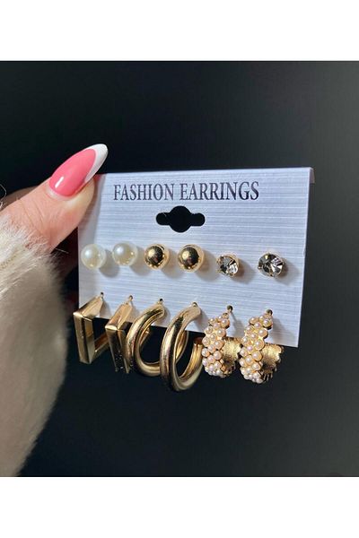 Perry Accesories مجموعة من 6 أزواج من الأقراط الذهبية مع لؤلؤ متعدد الألوان، أقراط دائرية، أقراط مرصعة باللؤلؤ، مجموعة أقراط نسائية
