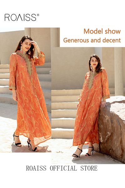 ROAISS Abaya Style Robe with Printed Pattern Loose Fit Women Daily Casual Versatile Long Skirt Commuter Lon