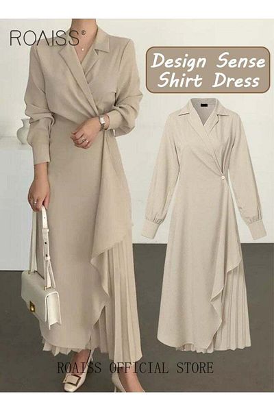 ROAISS Ladies Tunic Dress Solid Color Formal Elegant Asymmetrical Pleated Design