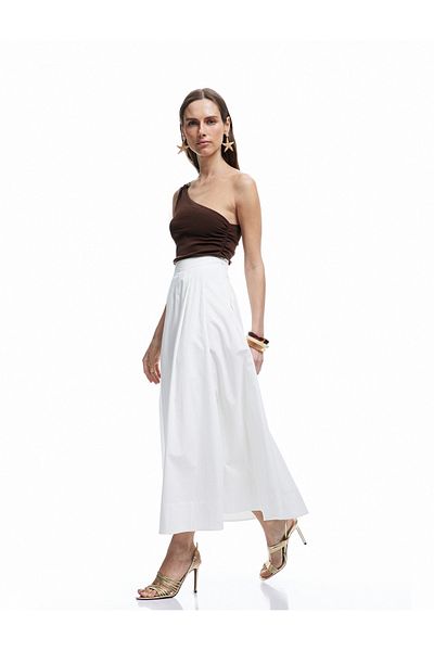 Koton X Melis Ağazat - Cotton Gabardine Fabric Lined A-Line Pleated Long Skirt