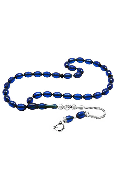 Tesbihane 925 Ayar Gümüş Püsküllü Bilek Boy Lacivert Sıkma Kehribar Tesbih