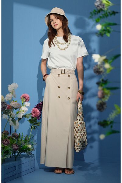 Fatma Atasoy Double Breasted Trench Stone Skirt