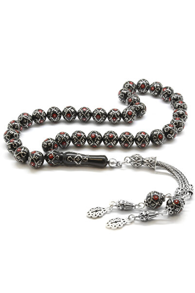 Tesbihane 925 Ayar Gümüş Püsküllü Gümüş-Mercan İşlemeli Küre Kesim Erzurum Oltu Taşı Tesbih 101001823