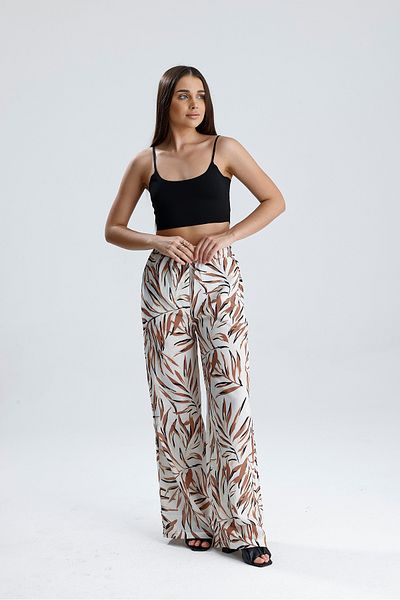 VAPUR TEKSTİL Leaf Patterned Linen Trousers with Elastic Waist