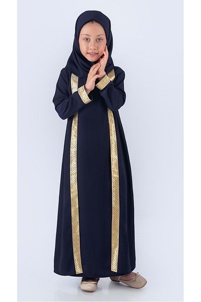 Mnk Baby&Kids Rochie de rugăciune hijab din țesătură de mătase Medina cu eșarfă M00742 bleumarin