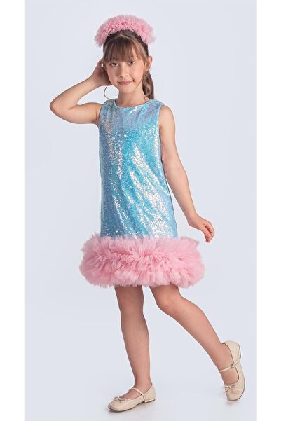 Mnk Baby&Kids Pul Payet İfestos Taçlı Tütü Çocuk Özel Gün Abiye M00743 MAVİ