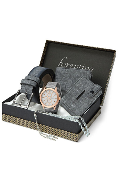 Forentina Erkek Gri Kemer Cüzdan Kartvizit Tespih Saat Hediye Seti Erkek Hedi...