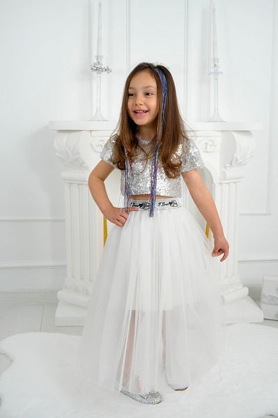 DUCA KIDS Glitter Sequin Crop and Long Tulle Skirt / Silver-White