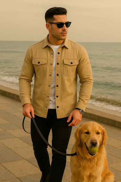 Pobudo Vizon Renk Çift Cep Çıtçıtlı Kot Gömlek