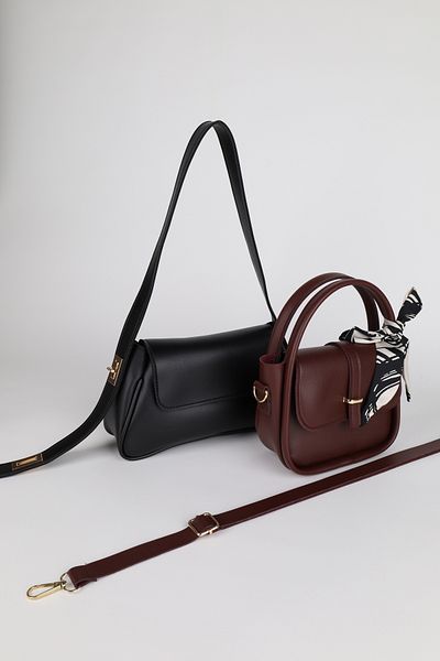 NOTHING Women's Black Claret Red Gold Lock Strap and Gold Accessories Scarf Gift 2-Piece Bag Set Alessamilan
