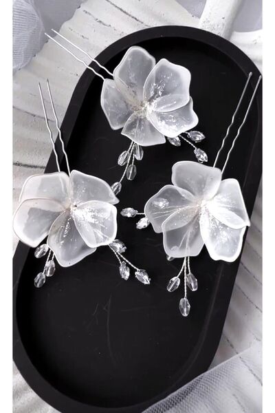 My'Elens Desing Çiçekli ışıltı Model Gelin Saç Aksesuarı, Gelin Tokası (3 Adet)