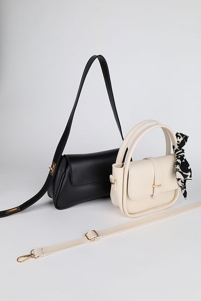 NOTHING Women's Black Cream Gold Lock Strap and Gold Accessories Scarf Gift 2-Piece Bag Set Alessamilan