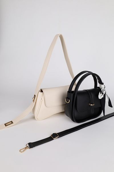 NOTHING Women's Cream Black Gold Lock Strap and Gold Accessories Scarf Gift 2-Piece Bag Set Alessamilan