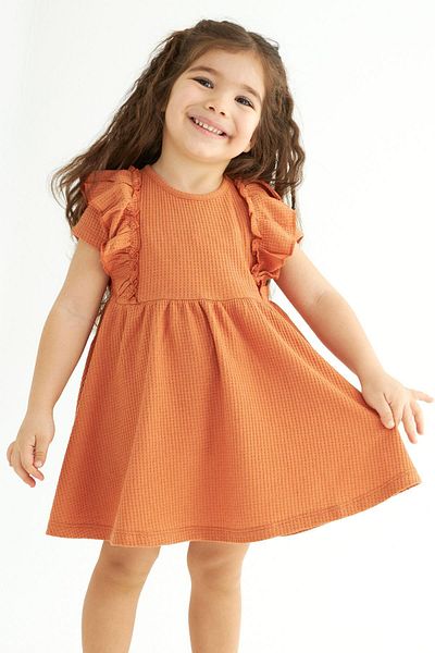 zepkids Crew Neck Ruffled Waist Gathered Tile Color Girls Dress
