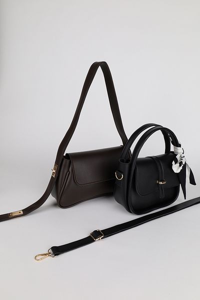 NOTHING Women's Coffee Black Gold Lock Strap and Gold Accessories Scarf Gift 2-Piece Bag Set Alessamilan