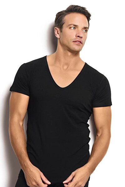 Jiber Men's Black Cotton Lycra V-Neck Undershirt 213