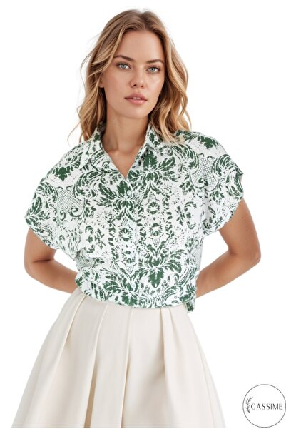 Cassime Women's Khaki Ethnic Pattern Short Sleeve Bat Button Shirt