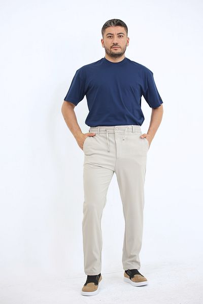 EXSPORT Men's Side Pockets, Elastic Waist, Lace-Up Belt, Relaxed Fit, Comfortable Cut Cool Fabric Trousers