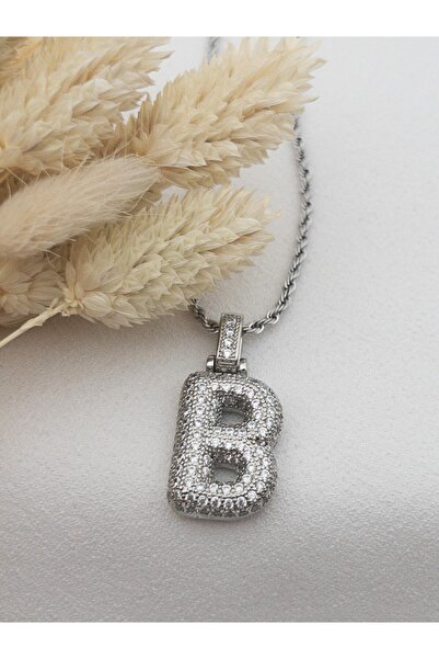Siya Silver Zirkon Taşlı Burgu Zincirli Tombul Harfli Balon Kolye-gümüş Renk