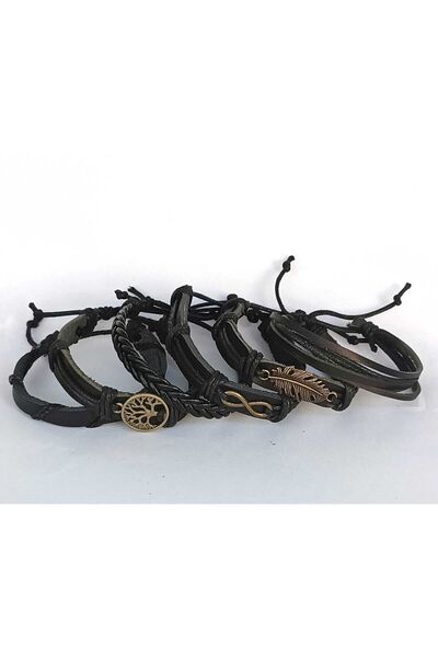 BSN Tree of Life Leaf Infinity 6 Piece Genuine Leather Bijouterie Bracelet with Antique Bronze Figure