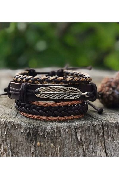 BSN Takı Feather Figured Handmade Genuine Leather Bracelet