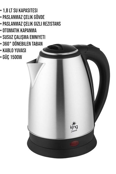 King Stainless Inox Water Heater Steel Kettle 1.8 Lt. 1500W Kks1006