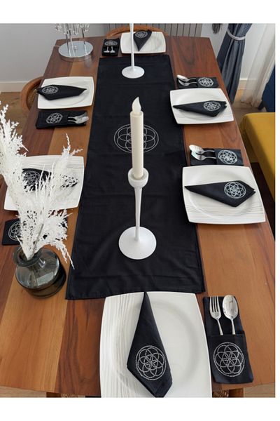 Menar Tasarım Flower of Life Embroidered Runner Napkin Cutlery Service Set 6 Person Design Table Cloth Set