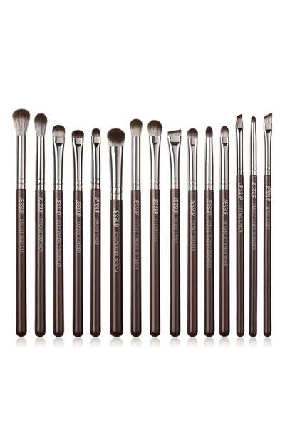 Jessup مجموعة فرش مكياج العيون الاحترافية 15 قطعة فرشاة ظلال العيون البنية، خافي عيوب الحواجب، محدد العيون T499